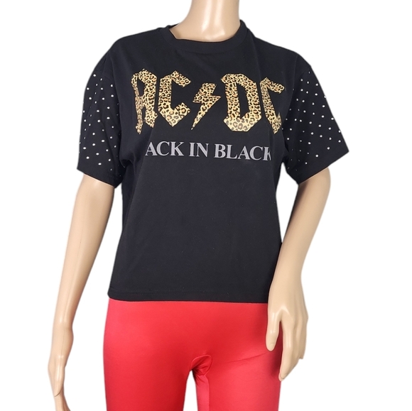AC/DC Back In Black Studded Leopard Cropped Band Tee Shirt - Picture 1 of 2